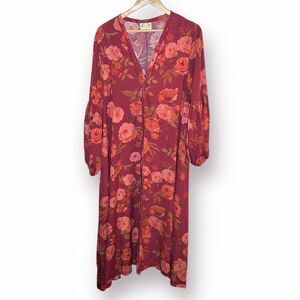 Joyfolie Brenna Dark Red Floral Maxi Longline Cardigan Balloon Sleeves Duster M